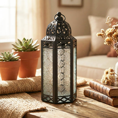 Metal Moroccan Decorative LED Fairy Lights Candle Lantern Holders for Indoor Home Fantasy Decor, Table Centerpieces, Outdoor Patio or Porch, Weddings, Medium - Clear Medium - PT03