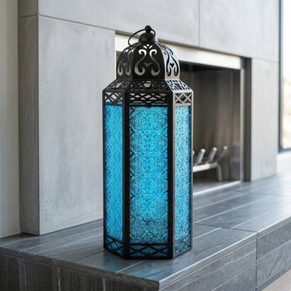 Black Metal Decorative Moroccan Lantern Candle Holder Lamp - Indoor/Outdoor, Home Decor, Patio, Weddings, Christmas - Blue Extra Large - PT06