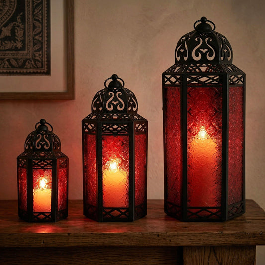 Set of 3 Red Glass & Black Metal Moroccan Candle Lantern Holders (XL, Large, Small) - Decorative Indoor/Outdoor Decor for Patio, Floor, Weddings & Ramadan - Red XL-LAR-SM - PT01