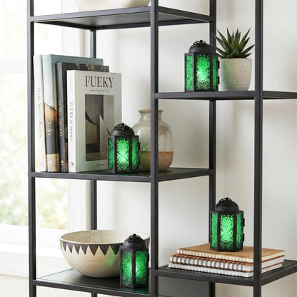Mini Moroccan Tea Light Candle Holder Lanterns – 4.25" Small Decorative Lantern for Table or Hanging, Metal with Glass Panels – Ramadan, Wedding, Home Decor, Em - Emerald Green 4 - PT02