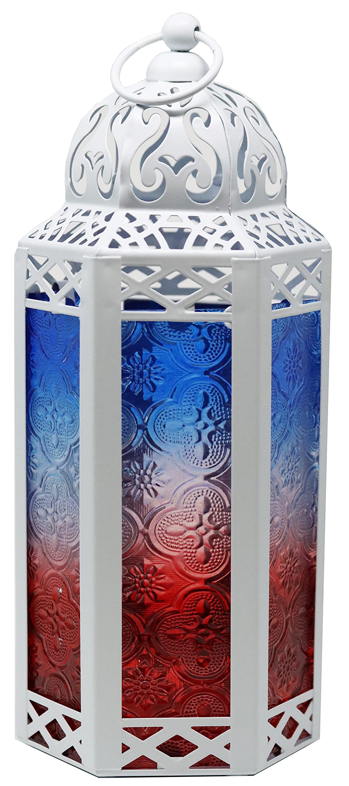 Black Metal Decorative Moroccan Lantern Candle Holder Lamp - Indoor/Outdoor, Home Decor, Patio, Weddings, Christmas - Red/White/Blue Medium - PT02