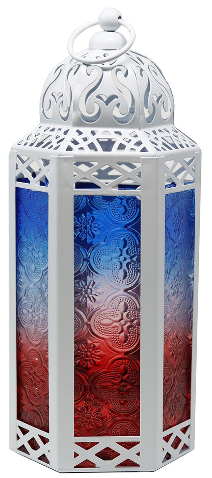 Black Metal Decorative Moroccan Lantern Candle Holder Lamp - Indoor/Outdoor, Home Decor, Patio, Weddings, Christmas - Red/White/Blue Medium - PT02