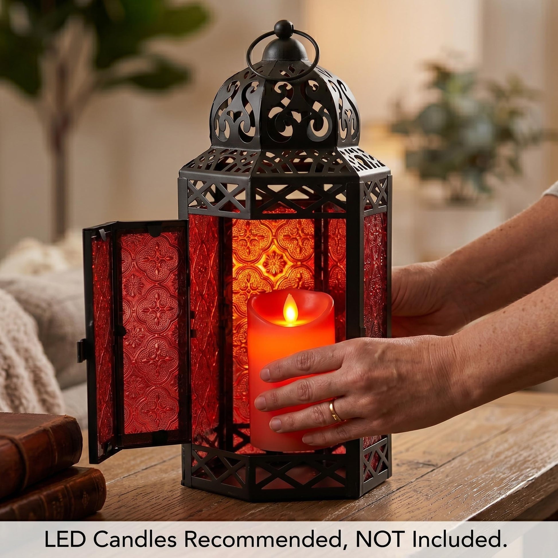 Black Metal Decorative Moroccan Lantern Candle Holder Lamp - Indoor/Outdoor, Home Decor, Patio, Weddings, Christmas - Red Large - PT07