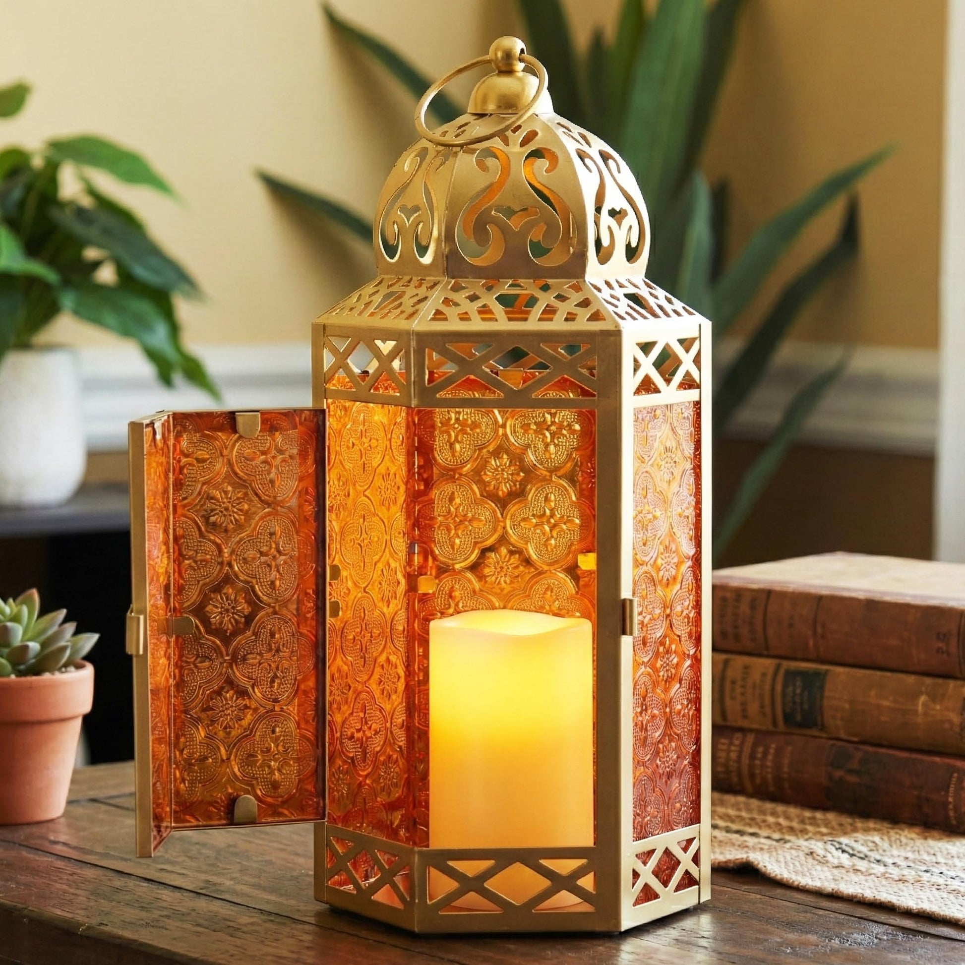 Gold Metal Decorative Moroccan Lantern Candle Holder Lamp - Indoor/Outdoor, Home Decor, Patio, Weddings, Christmas - Gold/Amber Large - PT06