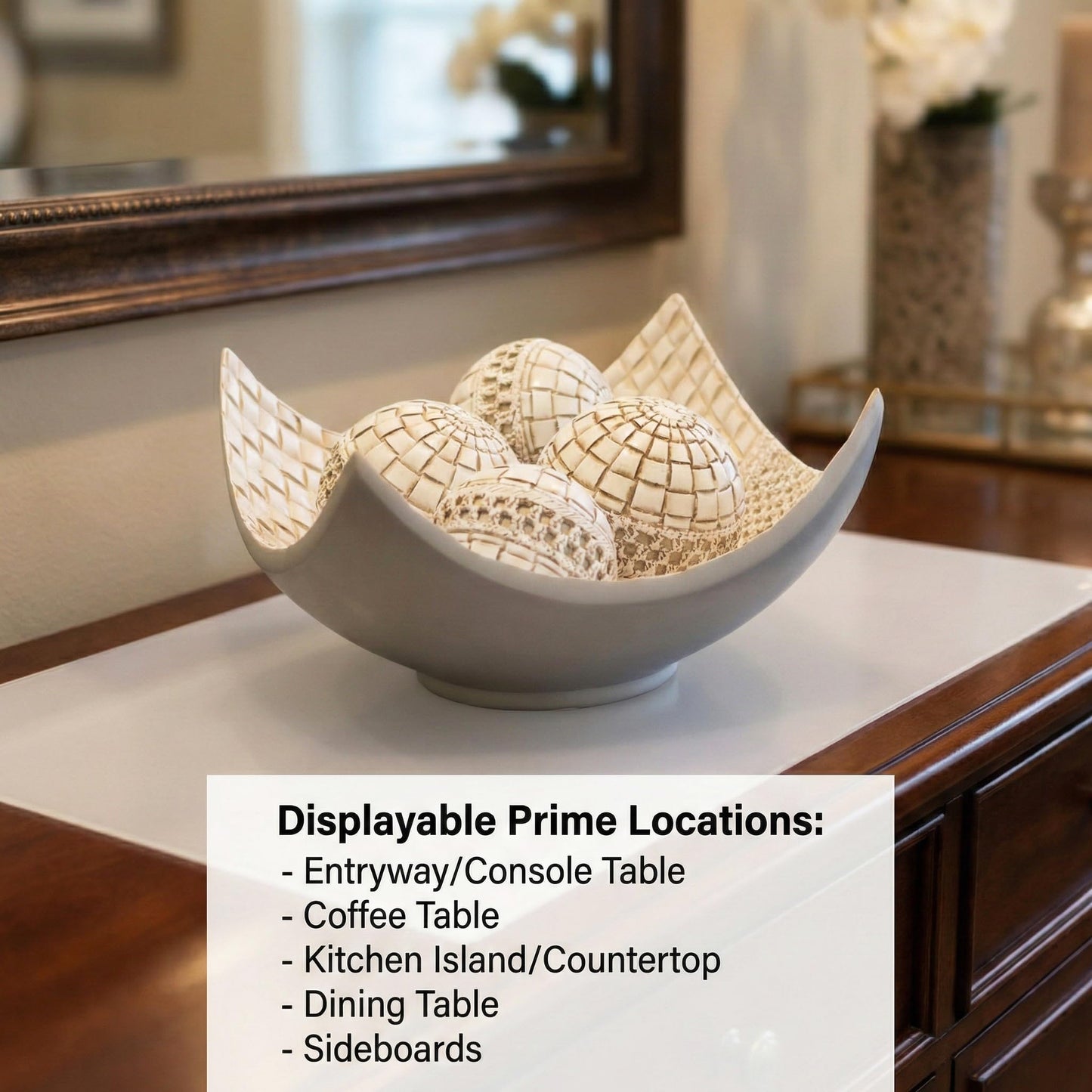 5pc Scoop Bowl Table Centerpieces for Dining Room, Large Decorative Bowls for Coffee Table Decor, Kitchen, Orbs/Balls Included, 14" diagonal. 11" wide and 5.75" - White 11 inches wide and 5.75 inches tall - PT03