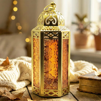 Gold Metal Decorative Moroccan Lantern Candle Holder Lamp - Indoor/Outdoor, Home Decor, Patio, Weddings, Christmas - Gold/Amber Medium - MAIN