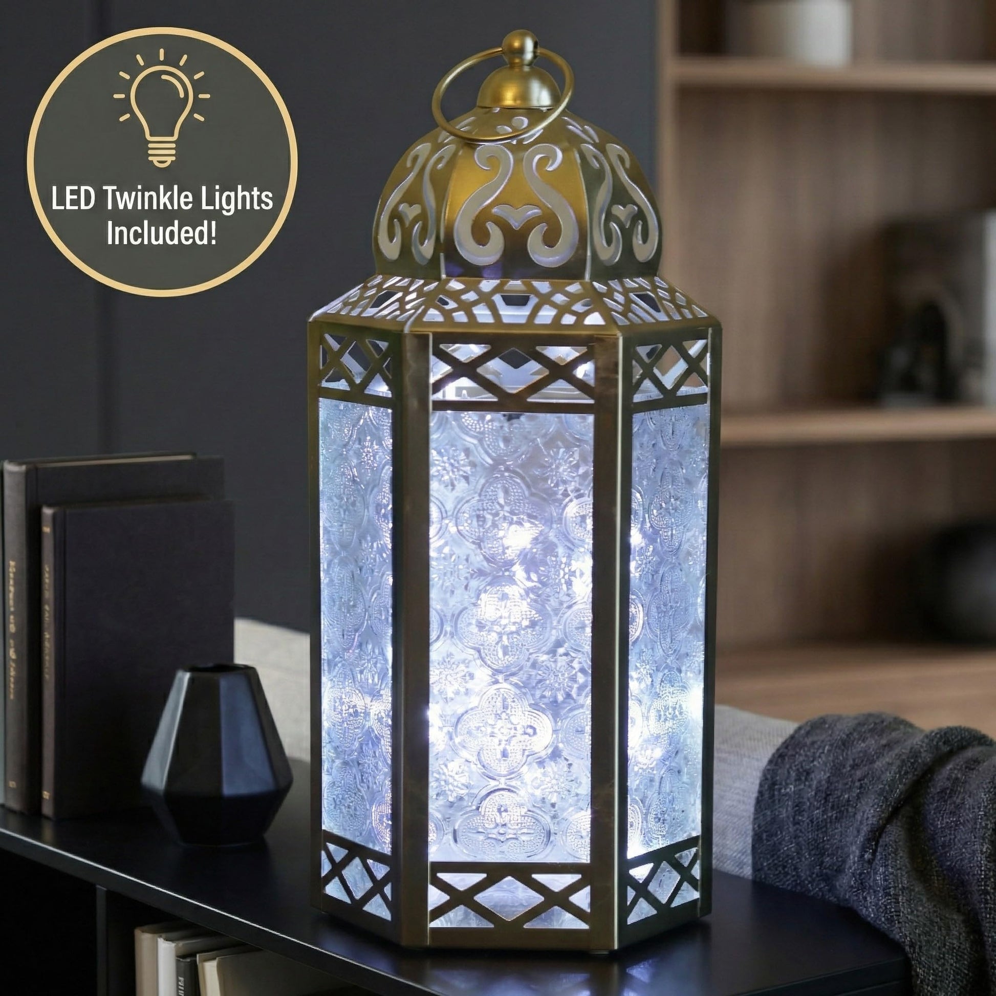 Metal Moroccan Decorative LED Fairy Lights Candle Lantern Holders for Indoor Home Fantasy Decor, Table Centerpieces, Outdoor Patio or Porch, Weddings, Medium - White Gold Large - PT01