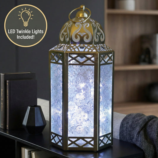 Metal Moroccan Decorative LED Fairy Lights Candle Lantern Holders for Indoor Home Fantasy Decor, Table Centerpieces, Outdoor Patio or Porch, Weddings, Medium - White Gold Large - PT01