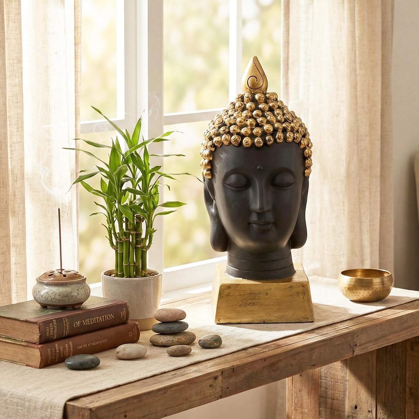 Buddha Head Statue for Home Decor or Outdoor, Gold, 13" Tall - Gold - PT02