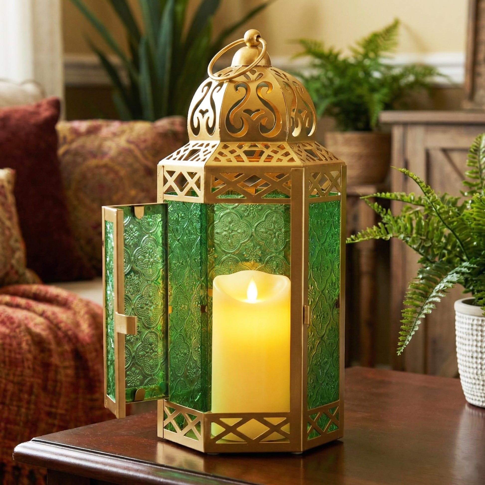 Gold Metal Decorative Moroccan Lantern Candle Holder Lamp - Indoor/Outdoor, Home Decor, Patio, Weddings, Christmas - Gold/Green Large - PT07