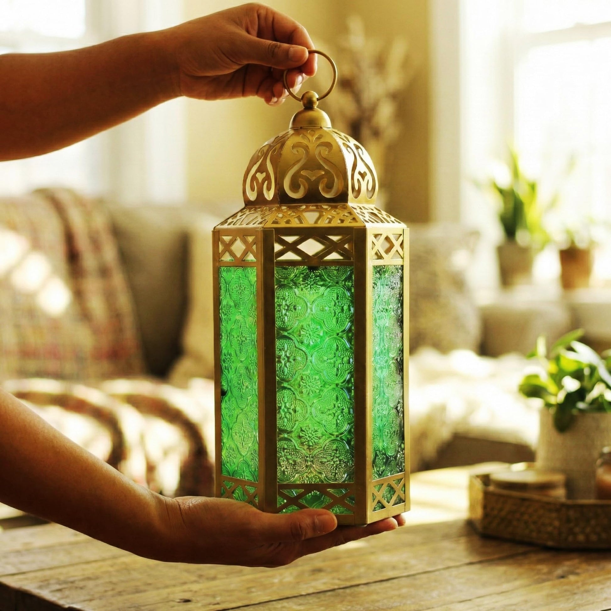 Gold Metal Decorative Moroccan Lantern Candle Holder Lamp - Indoor/Outdoor, Home Decor, Patio, Weddings, Christmas - Gold/Green Large - PT06
