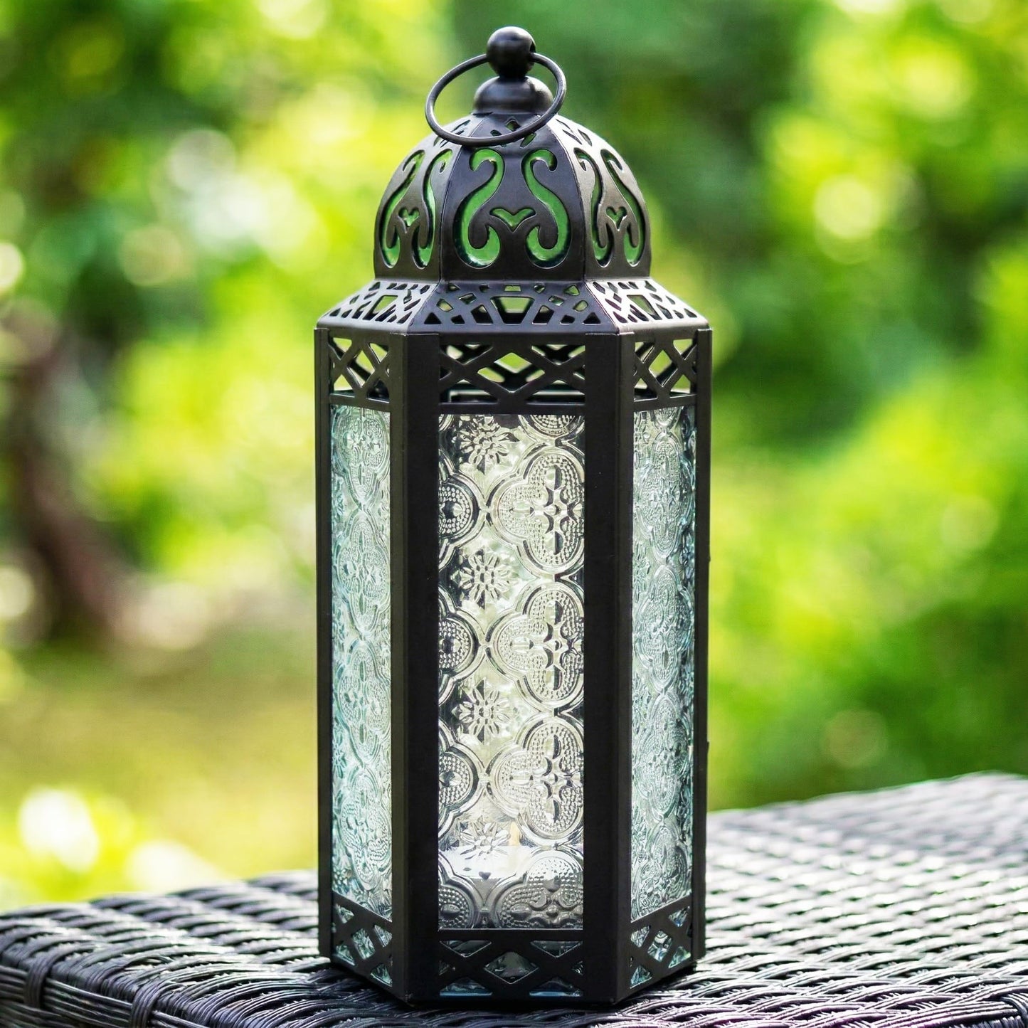 Black Metal Decorative Moroccan Lantern Candle Holder Lamp - Indoor/Outdoor, Home Decor, Patio, Weddings, Christmas - Clear Medium - PT06