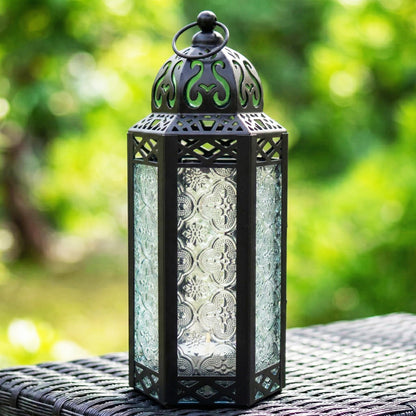 Black Metal Decorative Moroccan Lantern Candle Holder Lamp - Indoor/Outdoor, Home Decor, Patio, Weddings, Christmas - Clear Medium - PT06