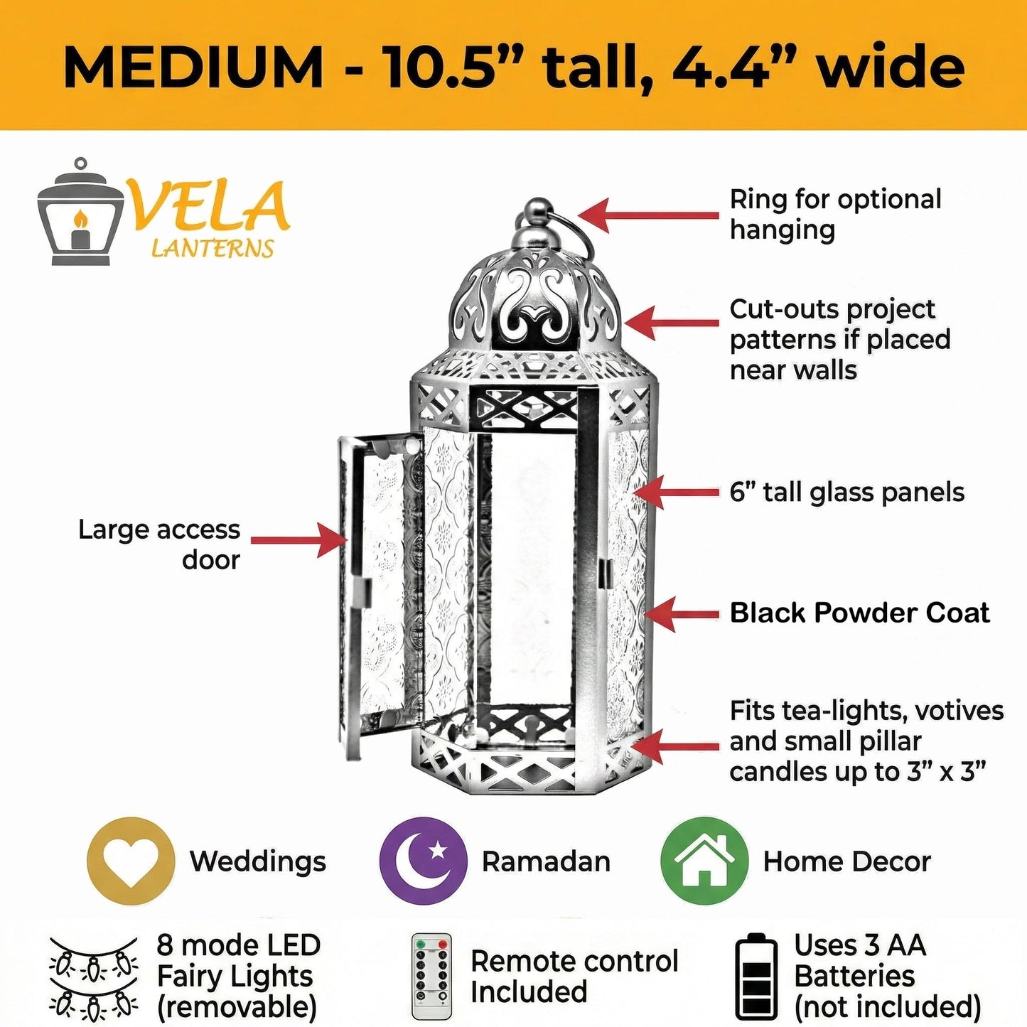 Metal Moroccan Decorative LED Fairy Lights Candle Lantern Holders for Indoor Home Fantasy Decor, Table Centerpieces, Outdoor Patio or Porch, Weddings, Medium - Multicolor Medium - PT03