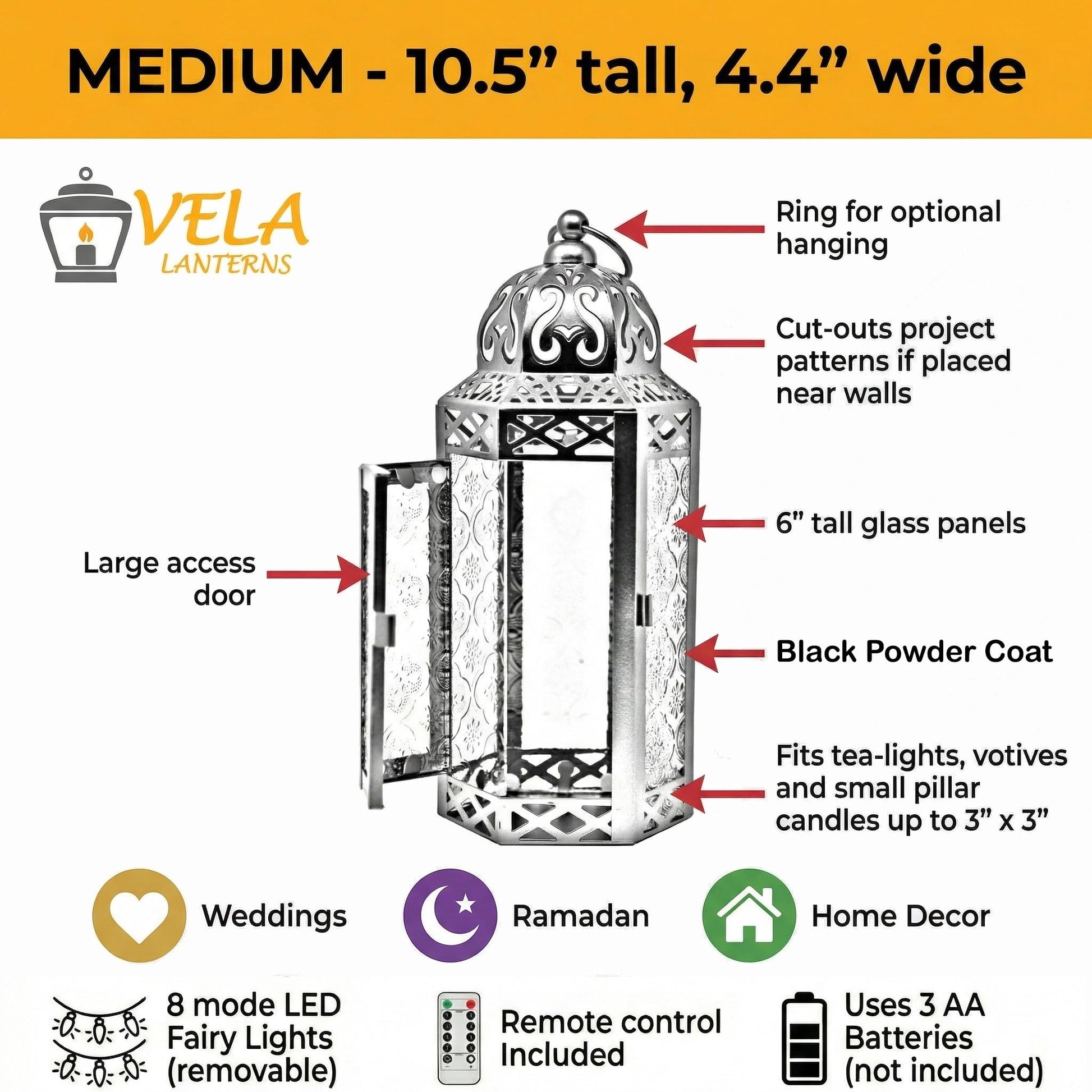 Metal Moroccan Decorative LED Fairy Lights Candle Lantern Holders for Indoor Home Fantasy Decor, Table Centerpieces, Outdoor Patio or Porch, Weddings, Medium - Multicolor Medium - PT03