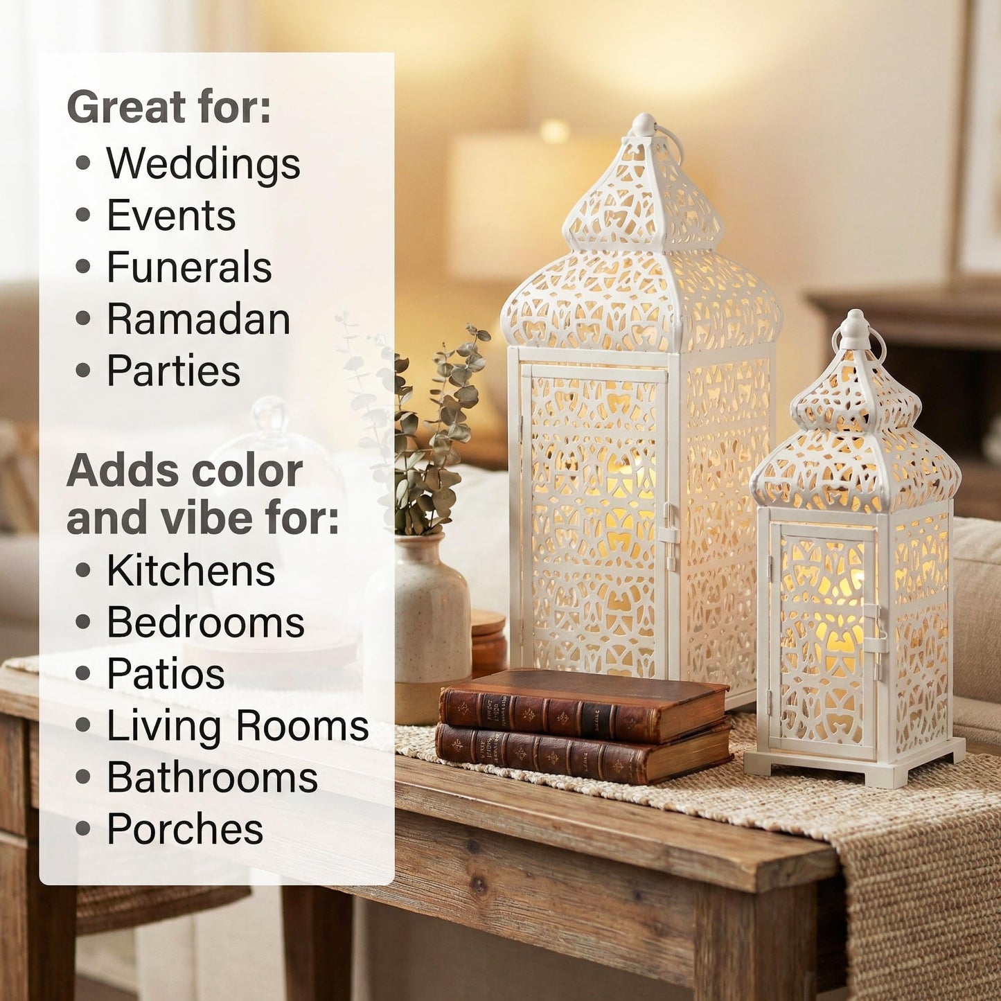 Large Temple Moroccan Lantern Lamp Decorative Candle Holders for Ramadan Decorations, Hanging, Outdoor Patio or Porch, Indoor Home Decor, Weddings, White, Set o - White 11" and 15" - PT02