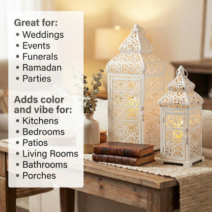 Large Temple Moroccan Lantern Lamp Decorative Candle Holders for Ramadan Decorations, Hanging, Outdoor Patio or Porch, Indoor Home Decor, Weddings, White, Set o - White 11" and 15" - PT02