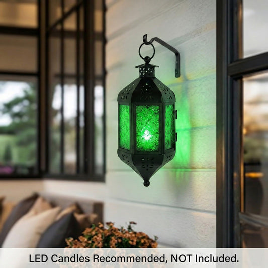 Hanging Moroccan Decorative Candle Lantern Holders for Outdoor Décor - Emerald Green Hanging - PT01