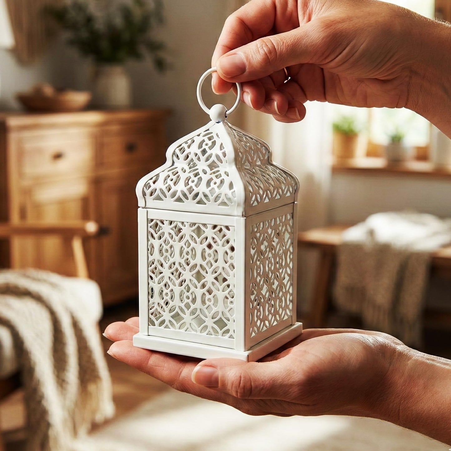 Mini Golden Tower Temple Moroccan Lantern Lamp Decorative Candle Holders for Ramadan Decorations, Hanging, Outdoor Patio or Porch, Indoor Home Decor, Set of 4 - White Mini - PT04