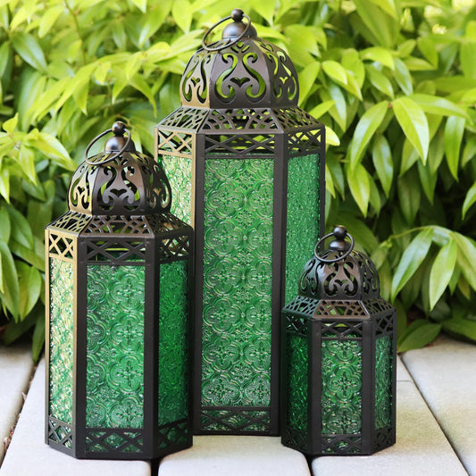 Set of 3 Green Glass & Black Metal Moroccan Candle Lantern Holders (XL, Large, Small) - Decorative Indoor/Outdoor Decor for Patio, Floor, Weddings & Ramadan - Green XL-LAR-SM - MAIN