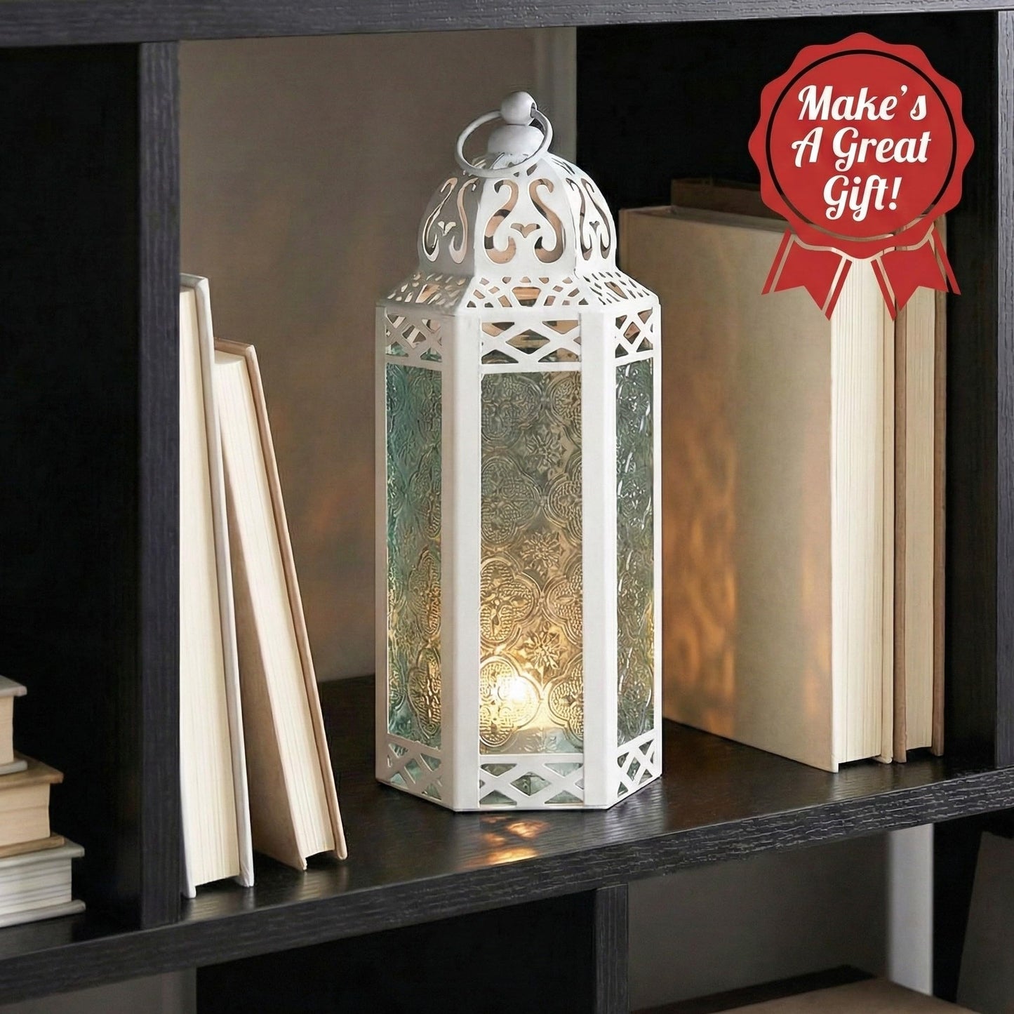 Black Metal Decorative Moroccan Lantern Candle Holder Lamp - Indoor/Outdoor, Home Decor, Patio, Weddings, Christmas - White/Clear Medium - PT01