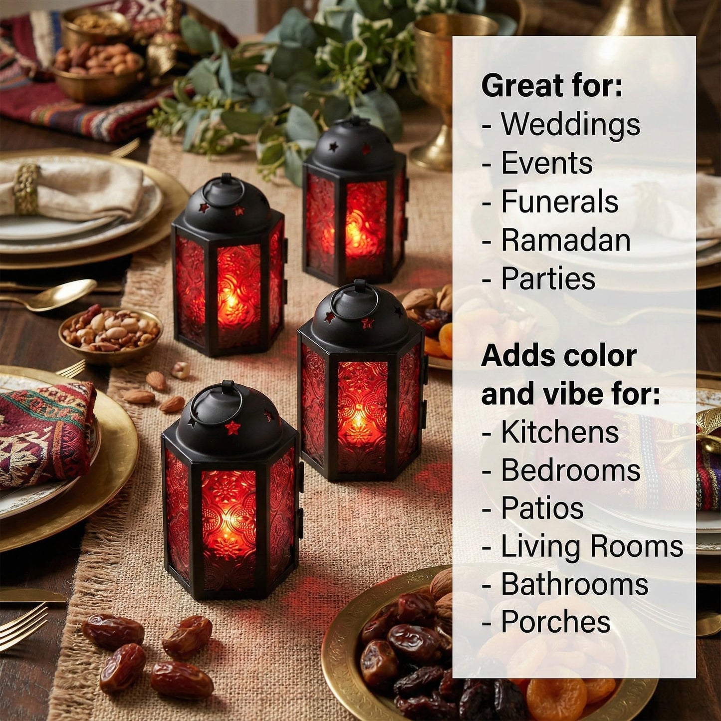 Mini Moroccan Tea Light Candle Holder Lanterns – 4.25" Small Decorative Lantern for Table or Hanging, Metal with Glass Panels – Ramadan, Wedding, Home Decor, Ru - Ruby Red 4 - PT01