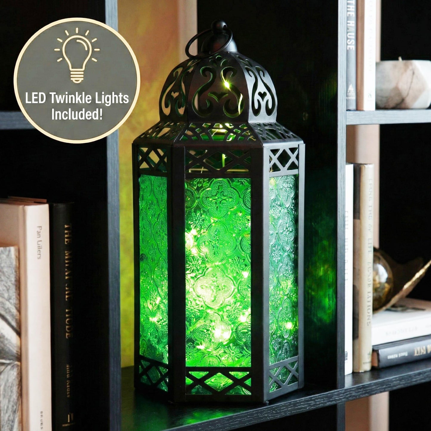 Metal Moroccan Decorative LED Fairy Lights Candle Lantern Holders for Indoor Home Fantasy Decor, Table Centerpieces, Outdoor Patio or Porch, Weddings, Medium - Green Large - PT01