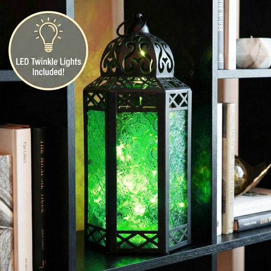 Metal Moroccan Decorative LED Fairy Lights Candle Lantern Holders for Indoor Home Fantasy Decor, Table Centerpieces, Outdoor Patio or Porch, Weddings, Medium - Green Large - PT01