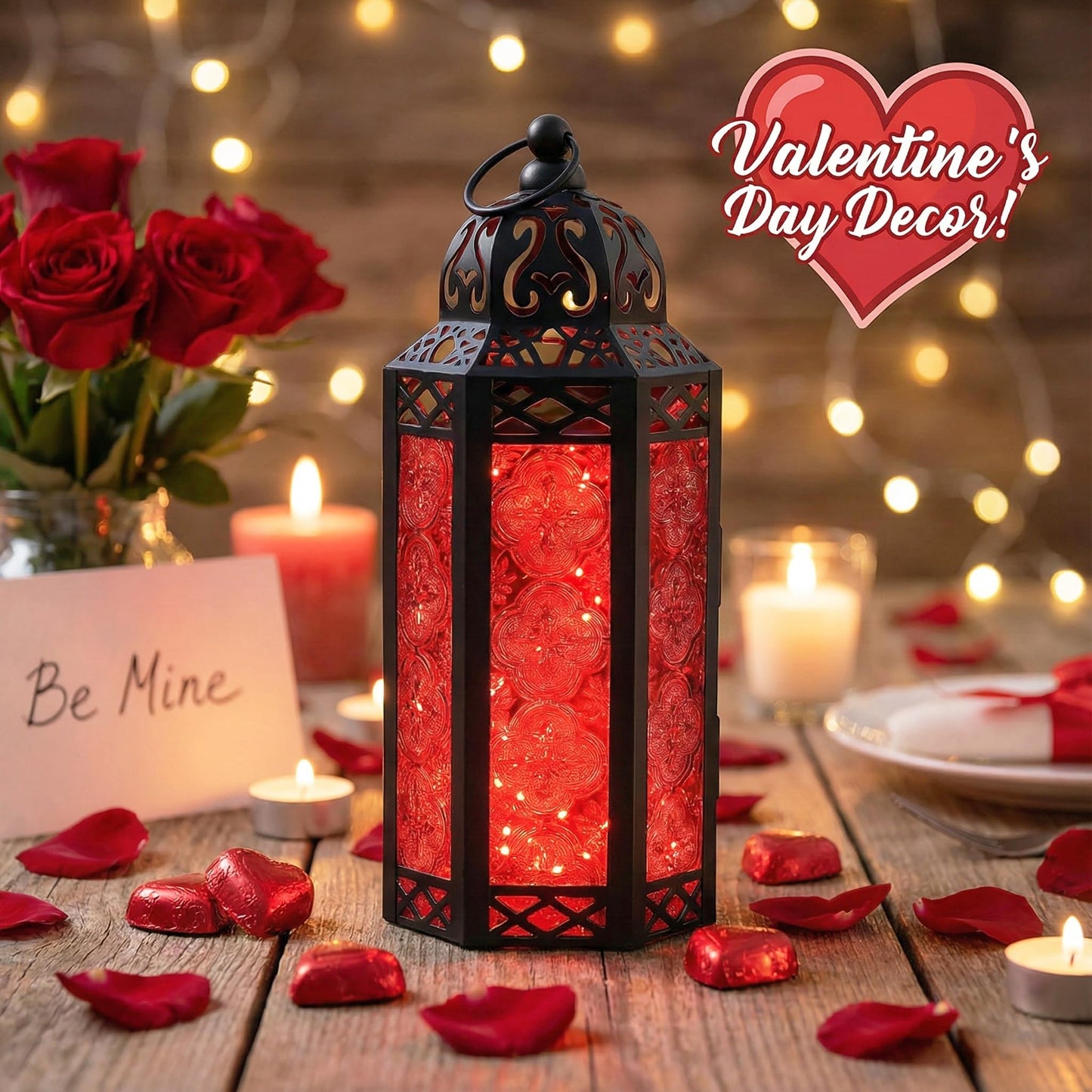 Metal Moroccan Decorative LED Fairy Lights Candle Lantern Holders for Indoor Home Fantasy Decor, Table Centerpieces, Outdoor Patio or Porch, Weddings, Medium - Red Medium - PT06