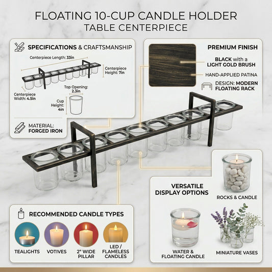 10-Cup Rustic Modern Floating Candle Holder Table Centerpiece Decoration for Dining Room, Kitchen, Patio, Weddings, Metal Iron with Glass Cups, 33" Extra Long - Black With Gold Brush 10-Cup - PT01
