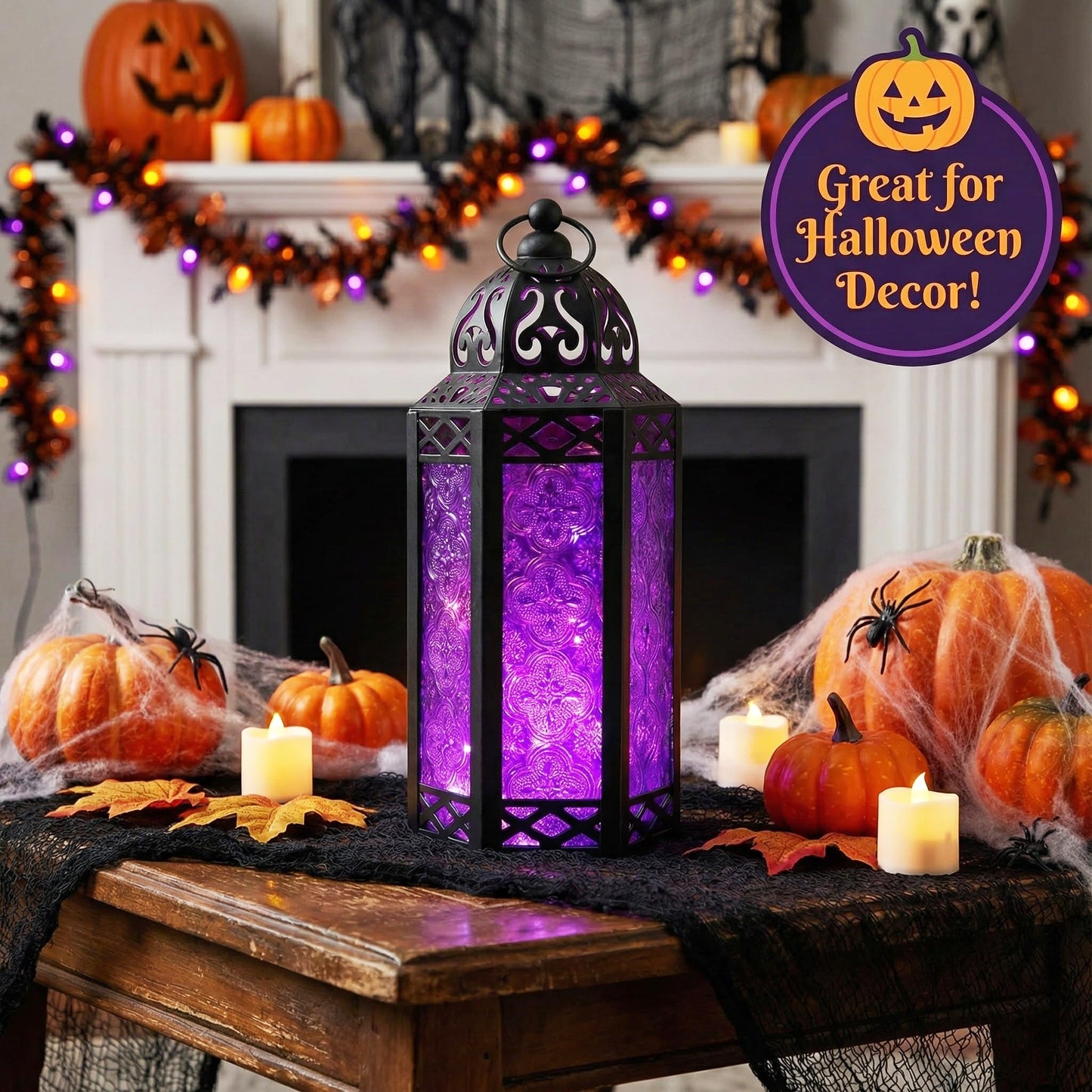 Metal Moroccan Decorative LED Fairy Lights Candle Lantern Holders for Indoor Home Fantasy Decor, Table Centerpieces, Outdoor Patio or Porch, Weddings, Medium - Purple Medium - PT07