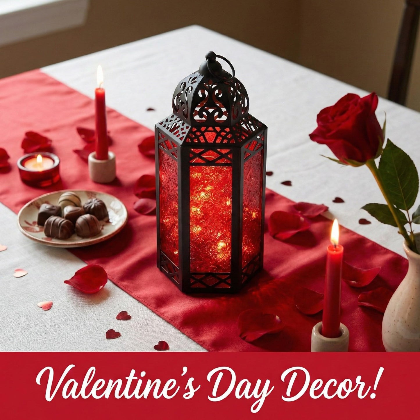 Metal Moroccan Decorative LED Fairy Lights Candle Lantern Holders for Indoor Home Fantasy Decor, Table Centerpieces, Outdoor Patio or Porch, Weddings, Medium - Red Large - PT07