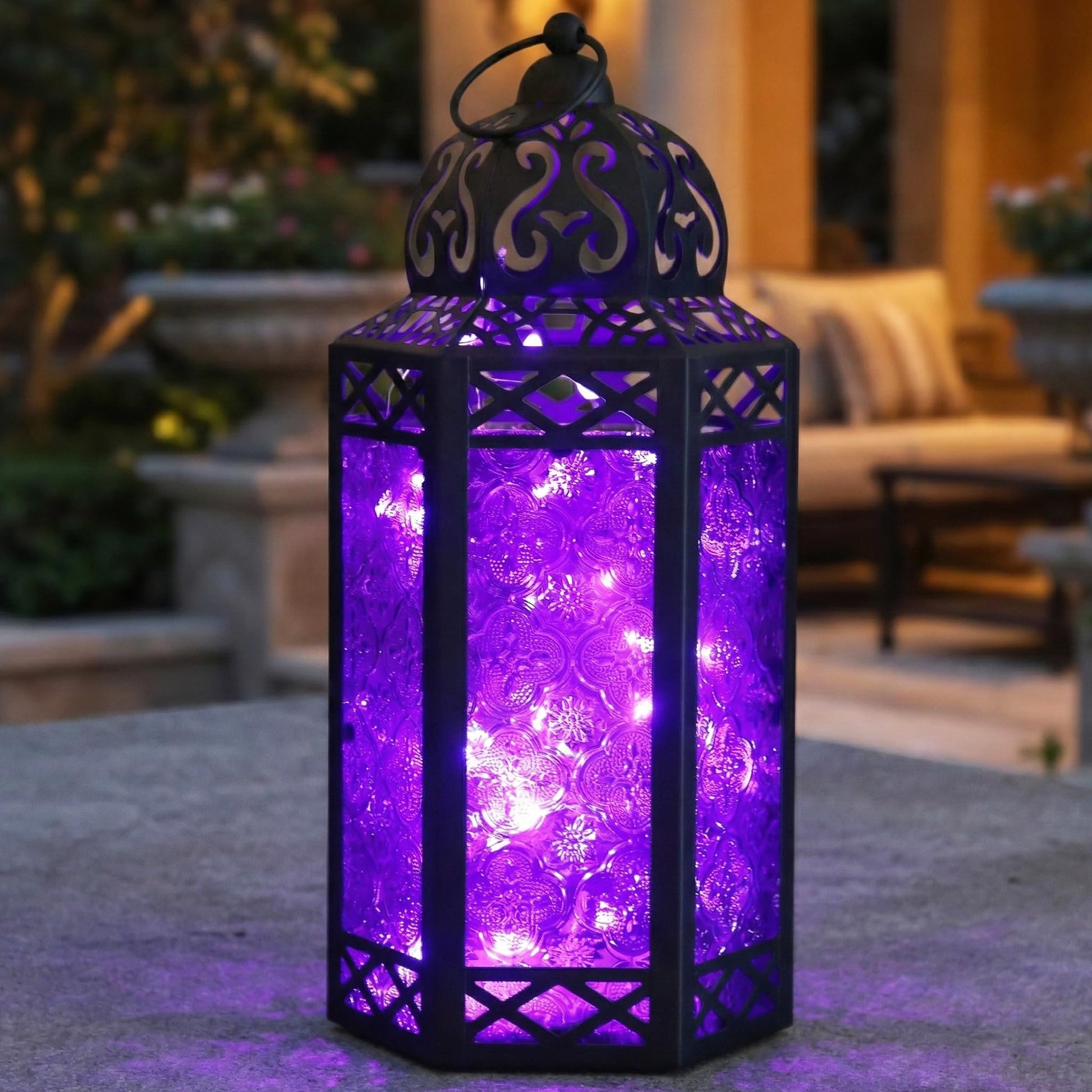Metal Moroccan Decorative LED Fairy Lights Candle Lantern Holders for Indoor Home Fantasy Decor, Table Centerpieces, Outdoor Patio or Porch, Weddings, Medium - Purple Large - MAIN