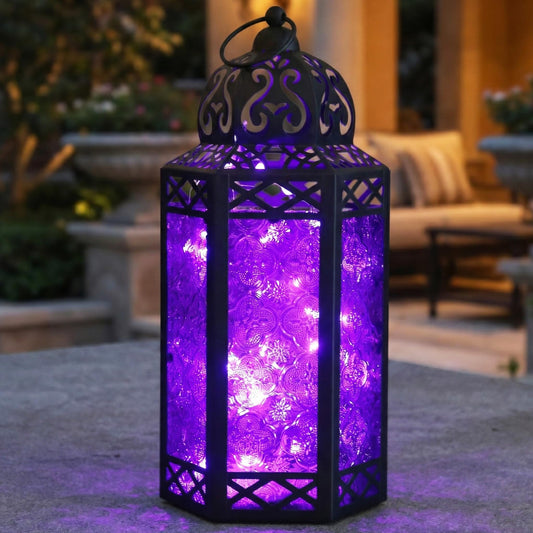 Metal Moroccan Decorative LED Fairy Lights Candle Lantern Holders for Indoor Home Fantasy Decor, Table Centerpieces, Outdoor Patio or Porch, Weddings, Medium - Purple Large - MAIN