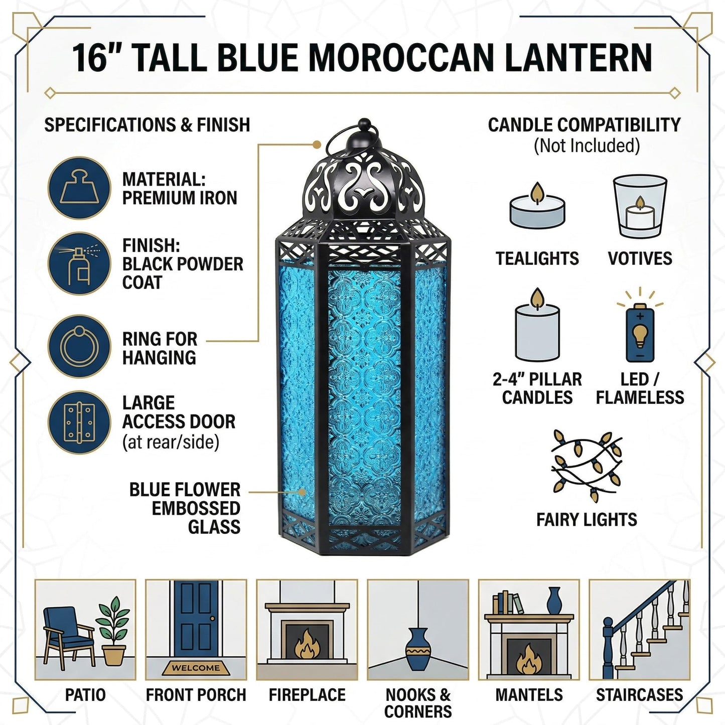 Black Metal Decorative Moroccan Lantern Candle Holder Lamp - Indoor/Outdoor, Home Decor, Patio, Weddings, Christmas - Blue Extra Large - PT04