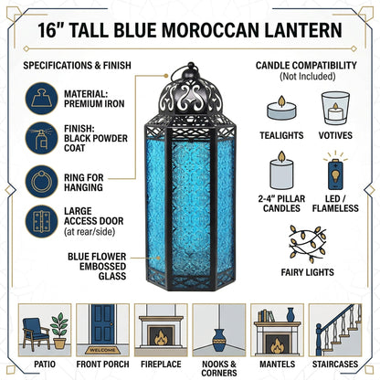Black Metal Decorative Moroccan Lantern Candle Holder Lamp - Indoor/Outdoor, Home Decor, Patio, Weddings, Christmas - Blue Extra Large - PT04