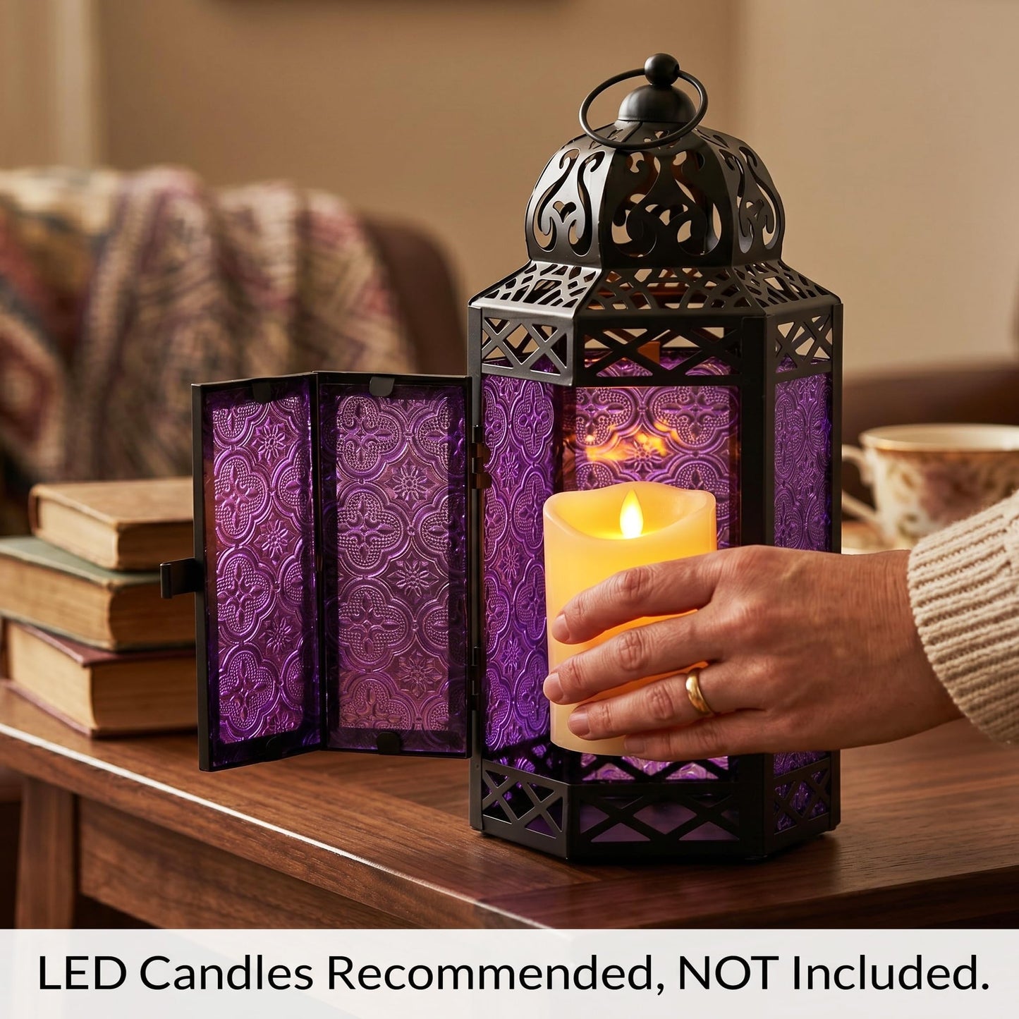 Black Metal Decorative Moroccan Lantern Candle Holder Lamp - Indoor/Outdoor, Home Decor, Patio, Weddings, Christmas - Purple Large - PT06