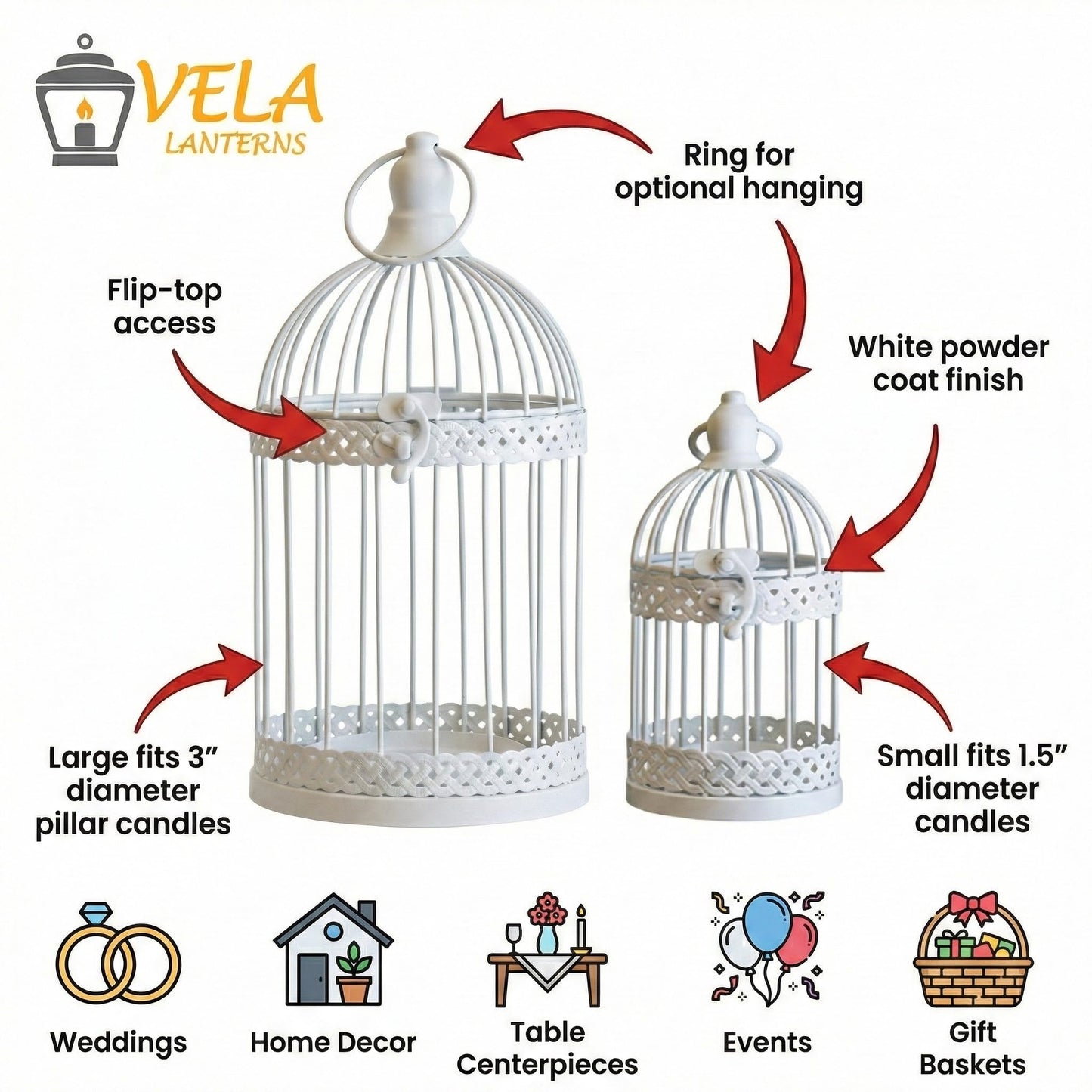 Birdcage Candle Lantern Set - White Large and Small - PT05