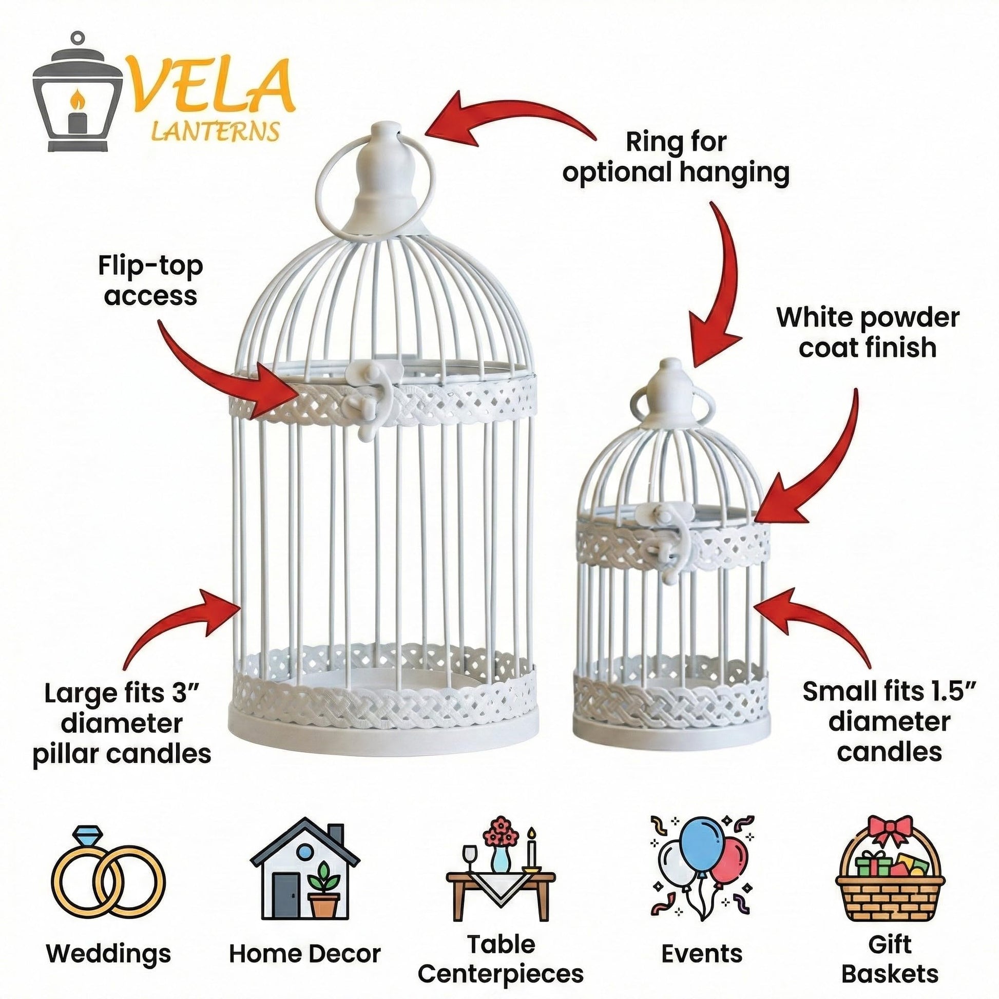 Birdcage Candle Lantern Set - White Large and Small - PT05