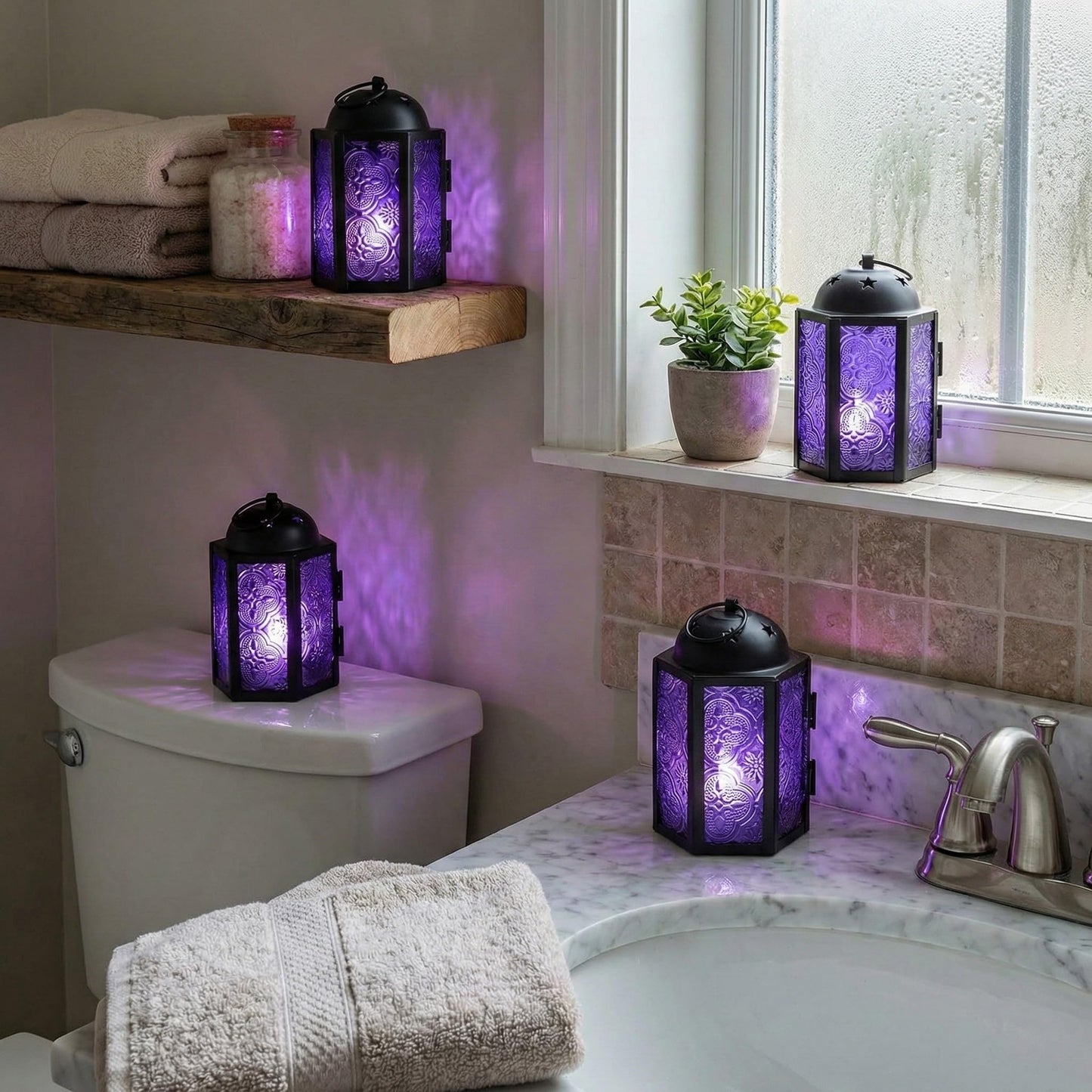 Mini Moroccan Tea Light Candle Holder Lanterns – 4.25" Small Decorative Lantern for Table or Hanging, Metal with Glass Panels – Ramadan, Wedding, Home Decor, Ro - Royal Purple 4 - PT06