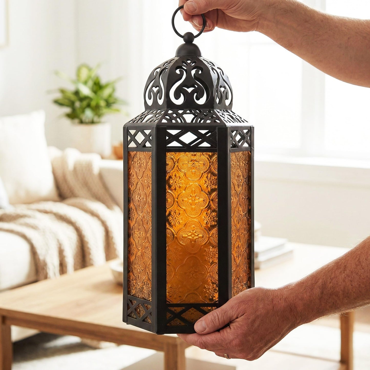 Metal Moroccan Decorative LED Fairy Lights Candle Lantern Holders for Indoor Home Fantasy Decor, Table Centerpieces, Outdoor Patio or Porch, Weddings, Medium - Amber Large - PT08