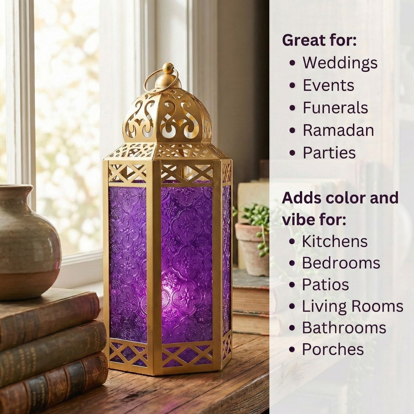 Gold Metal Decorative Moroccan Lantern Candle Holder Lamp - Indoor/Outdoor, Home Decor, Patio, Weddings, Christmas - Gold/Purple Large - PT04