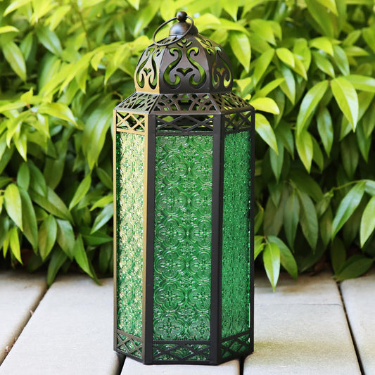Black Metal Decorative Moroccan Lantern Candle Holder Lamp - Indoor/Outdoor, Home Decor, Patio, Weddings, Christmas - Green Extra Large - PT01