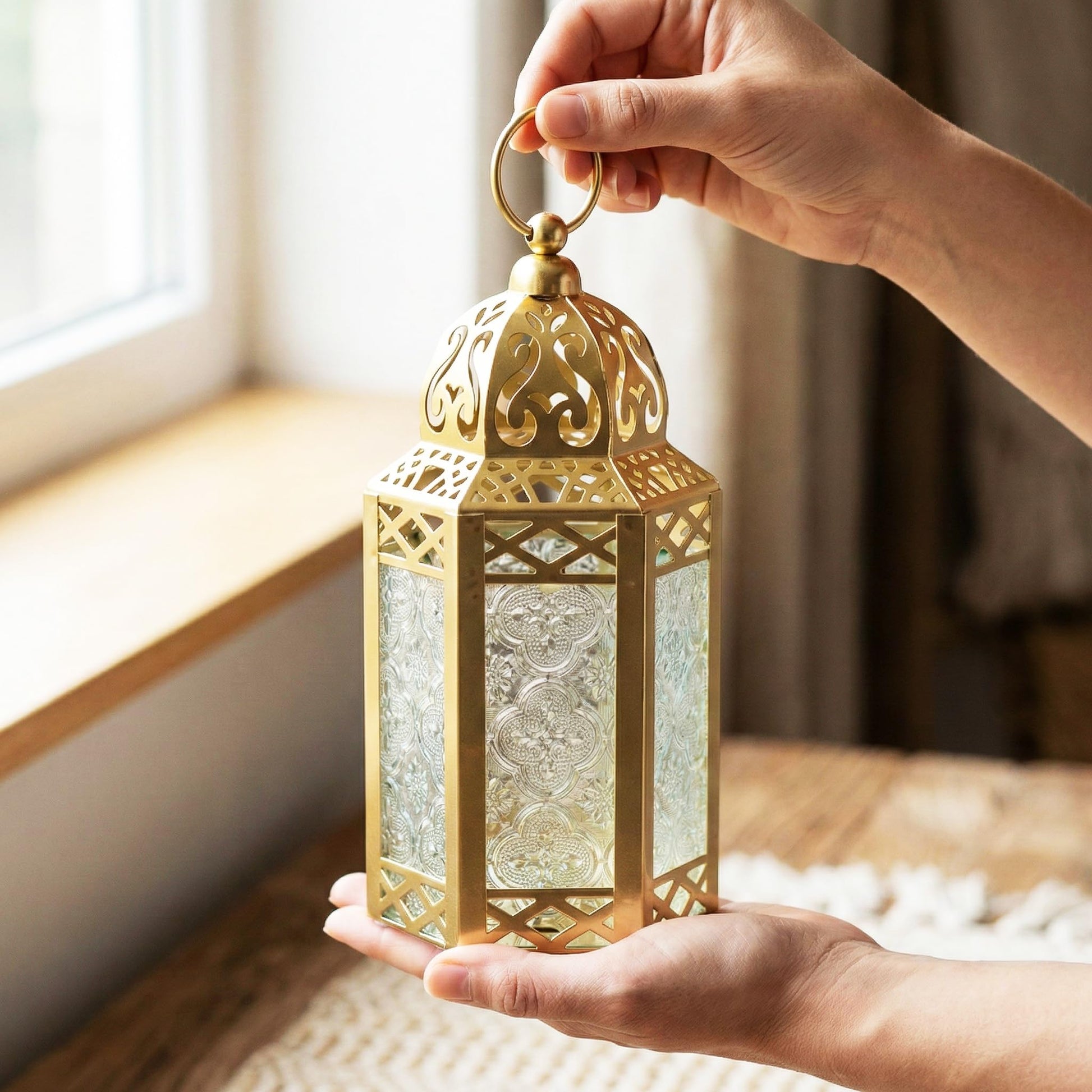 Gold Metal Decorative Moroccan Lantern Candle Holder Lamp - Indoor/Outdoor, Home Decor, Patio, Weddings, Christmas - Gold Small - PT06