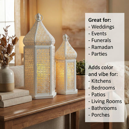 Tower Temple Moroccan Lantern Lamp Decorative Candle Holders - White Set of 2 - PT02