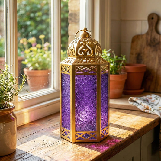Gold Metal Decorative Moroccan Lantern Candle Holder Lamp - Indoor/Outdoor, Home Decor, Patio, Weddings, Christmas - Gold/Purple Large - PT01