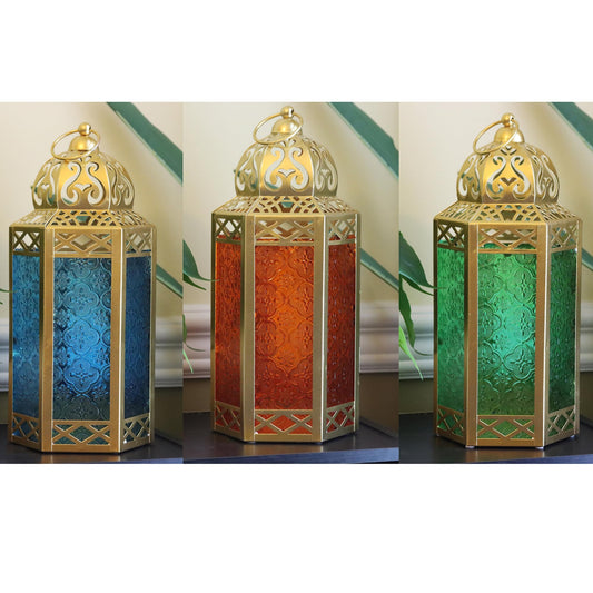 12" Gold Metal Moroccan Decorative Candle Lantern Holder for Hanging or Table Centerpieces, Exotic Indoor Home Decor, Outdoor Patio or Porch, Weddings, Ramadan, - Assorted Large - PT01