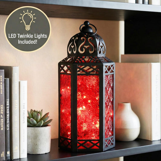 Metal Moroccan Decorative LED Fairy Lights Candle Lantern Holders for Indoor Home Fantasy Decor, Table Centerpieces, Outdoor Patio or Porch, Weddings, Medium - Red Large - PT01