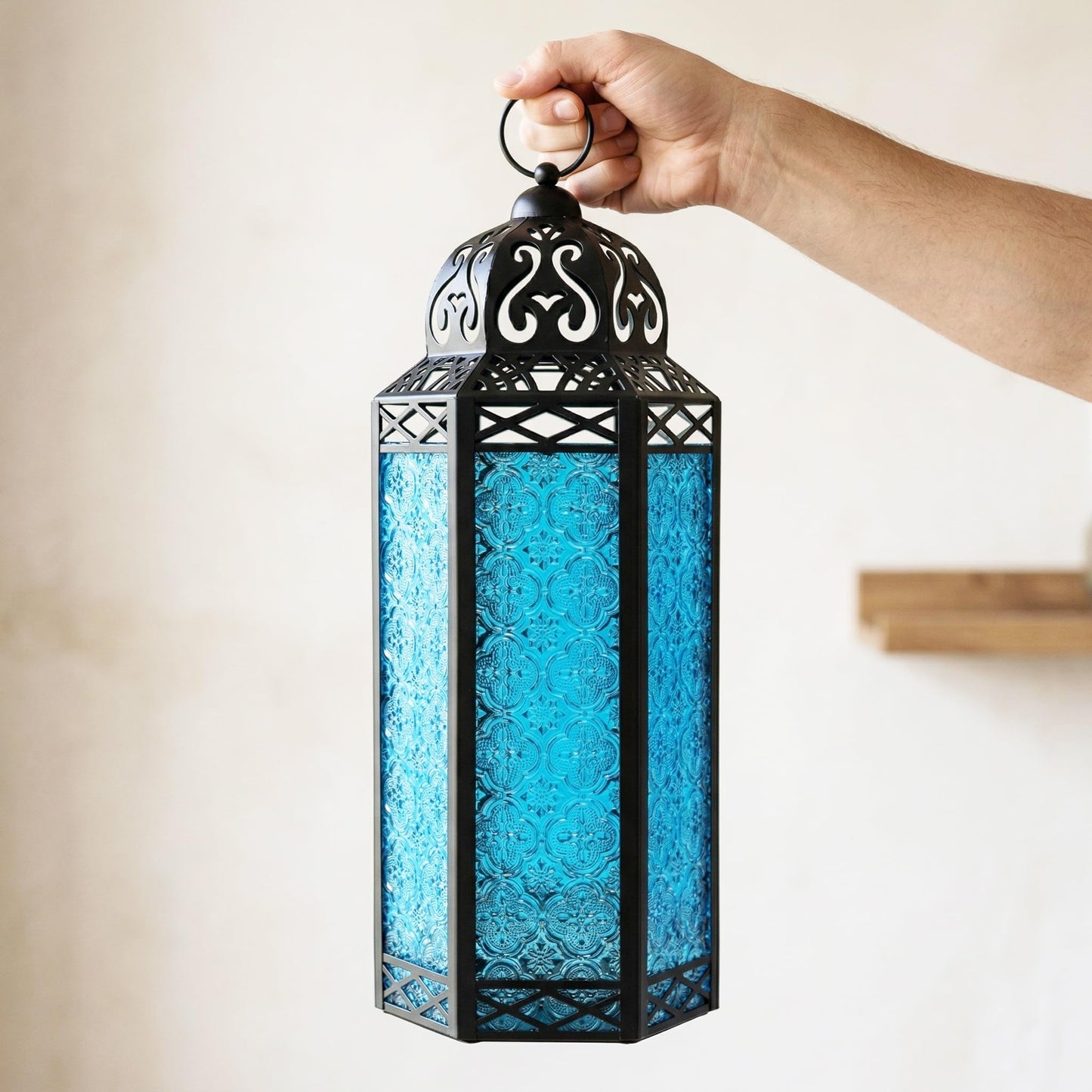 Black Metal Decorative Moroccan Lantern Candle Holder Lamp - Indoor/Outdoor, Home Decor, Patio, Weddings, Christmas - Blue Extra Large - PT02