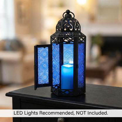 Black Metal Decorative Moroccan Lantern Candle Holder Lamp - Indoor/Outdoor, Home Decor, Patio, Weddings, Christmas - Cobalt Medium - PT06